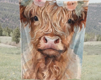 Highland Cow Blanket, Extra Large Plush Blanket 60x80 inch, Highlander Cow Throw, Cow Gift for Her, Ultra Packable Lightweight