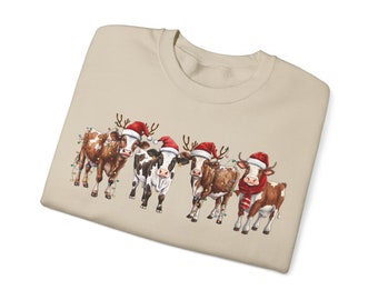 Cow Christmas Crewneck Sweatshirt, Cow Lover Gift, Cow Christmas Lights Tan Crewneck Shirt