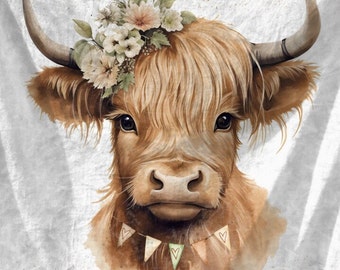 Highland Cow Plush Blanket, Gold and White Background, Highlander Cow Soft Blanket Gift 60x80 inches