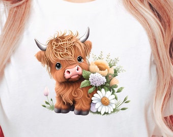 Highland Cow Shirt, Baby Highland Cow with Flowers, Cow Shirt Gift for Mom, Heifer Shirt, Farm T-Shirt, CowGirl, Gift for Gram