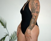 Vintage One Piece Open Back Halter Top Black Swimsuit - Vintage Black One Piece Bathing Suit - Backless Swim - Textured Swimsuit