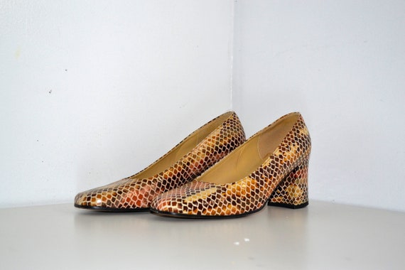 Vintage Snake Print Leather Heels - Leather Shoes