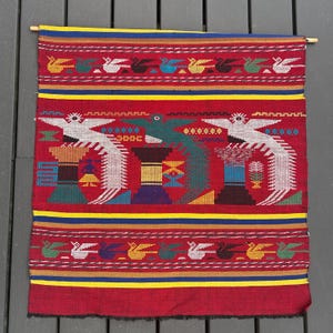 Vintage Guatemala Wall Hanging. Quetzal Bird Motif Embroidery. Hand Woven Tapestry. Latin American Folk Art Textile. 21 x 22 5/8 Inches.