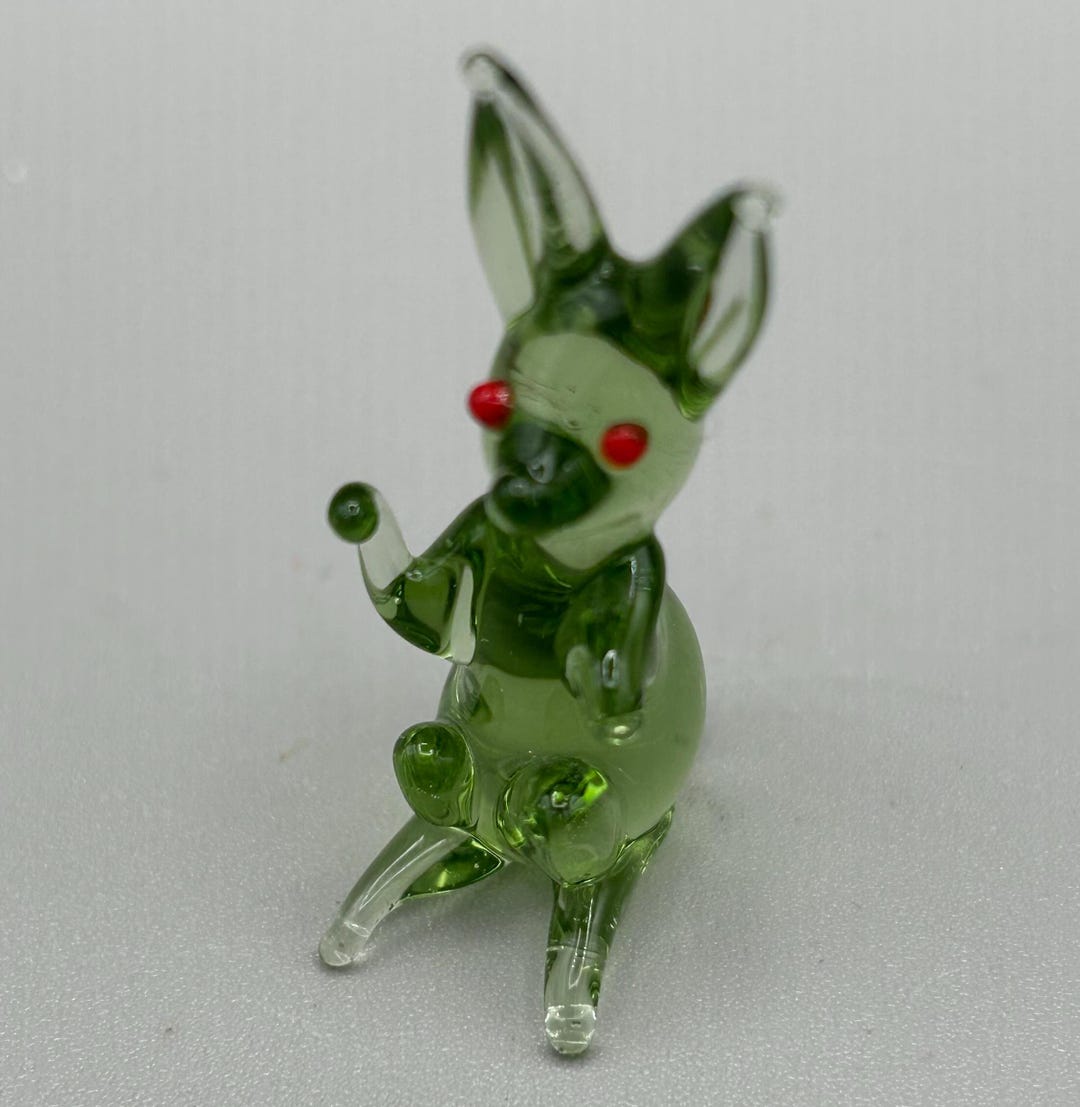 Green Glass Rabbit Miniature Figurine. Red Eyes. Bunny Figurine. Blown ...