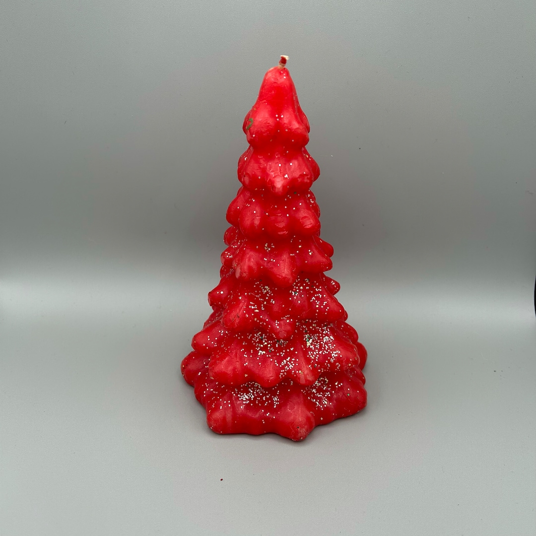 Vintage Christmas Tree Candle. Red / Silver Glitter Wax Christmas Tree