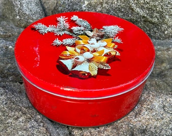Vintage Red Christmas Tin. Large Round Tin Canister. 1960s.