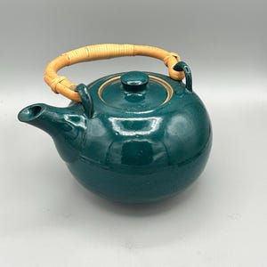 Small Teal Ceramic Teapot. Bamboo Handle. Studio Pottery Tea Pot.