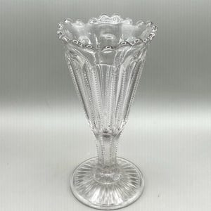 Vintage EAPG Zipper Vase. Early American Pressed Glass Clear Trumpet Vase. Ruffled Edge.