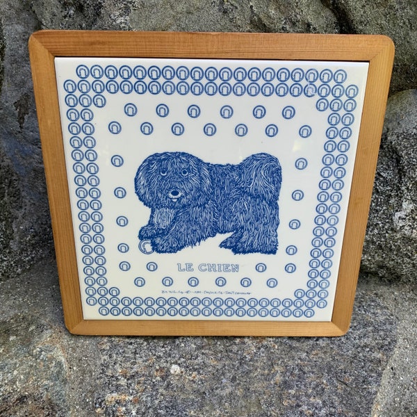 Taylor & Ng Le Chien Tile Trivet. Win Ng. 1984. San Francisco. Tennis Balls. Shaggy Dog. Art Tile.