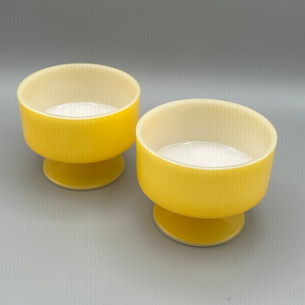 Yellow Milk Glass Footed Compote Bowls. Set of 2.