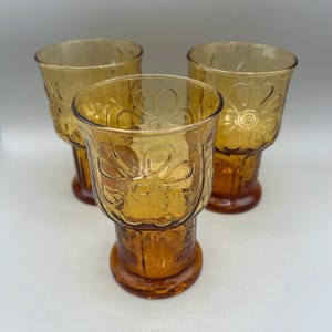Libbey Country Garden Amber Juice Glasses. 4 Inches Tall. Vintage 1970s Daisy Pattern Glassware. Set of 3.