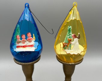 Jewelbrite Diorama Christmas Ornaments. Choir with Tree. Angel with Deer. 1960s Christmas.