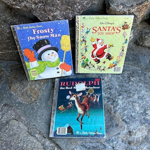3 Christmas Little Golden Books. Rudolph the Red Nosed Reindeer. Frosty the Snow Man. Santa&#39;s Toy Shop. Vintage Christmas Children&#39;s Books.