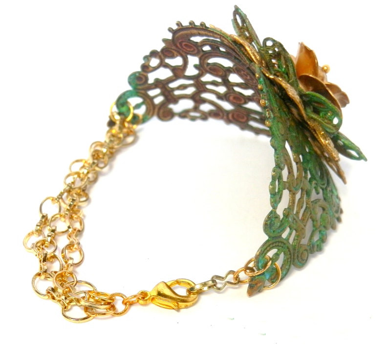 Gold Green patina rose cuff bracelet