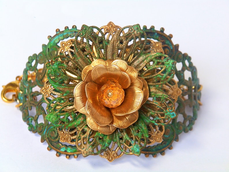 Gold Green patina rose cuff bracelet