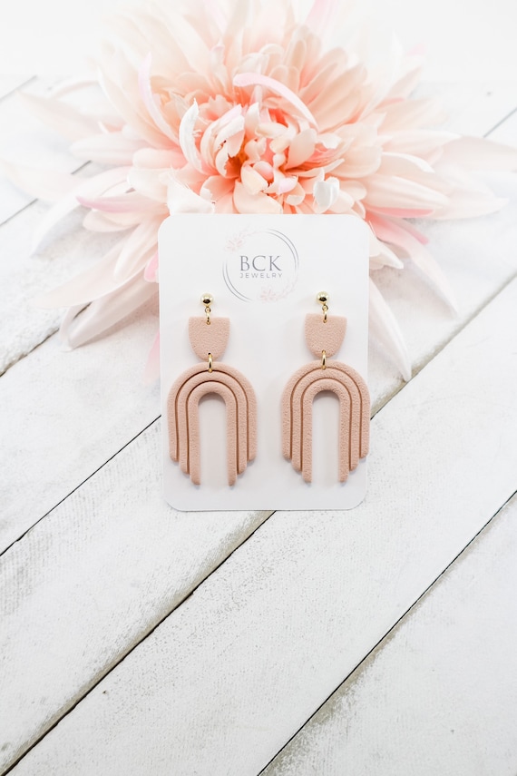 Arch earrings, light pink earrings, oversized earrings, polymer clay  earrings, clay earrings, classy statement earrings, gifts under 30