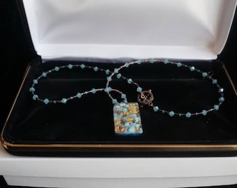 Vintage Venetian Murano Glass Pendant Sky Blue/Teal and Gold Beaded Necklace/ Wearable Art