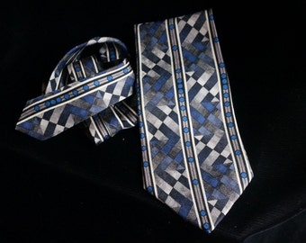 Vintage Super Cool Silk Navy Blue Royal Blue and Silver Tie with Gold Lining
