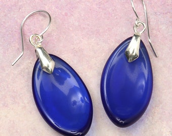 Cobalt blue recycled glass earrings made from Absolute Vodka bottle, tumbled glass earrings, beads are hand cut so shapes may be irregular