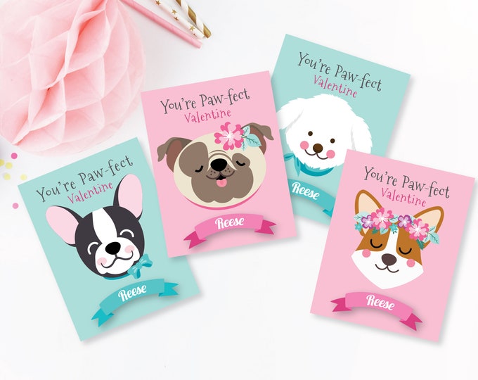 Dog Valentines Day Cards, Custom name added, printable DIY card, classroom Valentine for kids, Valentine Cards with Dogs