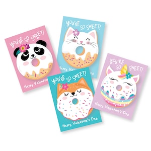 Cartões de dia dos namorados donut, cartões de dia dos namorados de animais donut, cartões de dia dos namorados DIY para impressão, cartões de sala de aula, gato, unicórnio, raposa, panda