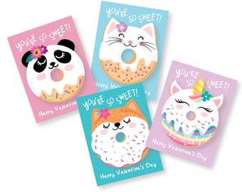 Donut Valentines Day Cards, Donut Animals Valentine Cards, printable DIY Valentine, classroom cards, cat, unicorn, fox, panda