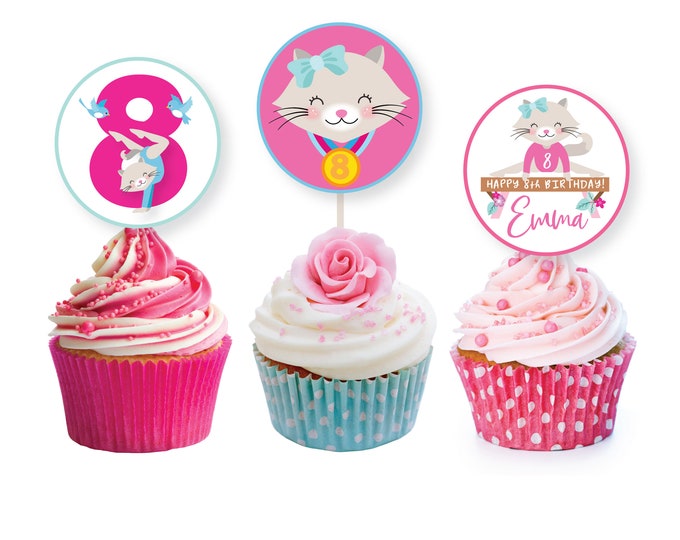 Cat Gymnastic Cupcake Toppers, Gymnastic Birthday Party, Cat Gymnastic Cake Toppers, WE EDIT, You PRINT, digital file