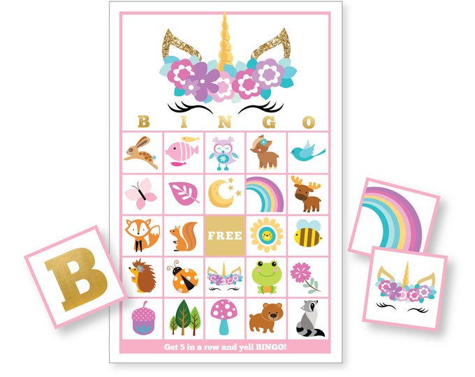 Eyelash Unicorn BINGO Game - Kid's Printable Bingo Game - Bingo Party Game - Woodland Animals and Sleeping Glitter Unicorn Instant Download