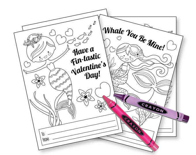 Mermaid Colouring Valentines Day Cards / printable DIY card / classroom Valentine for kids / Instant Download / Valentine Cards Mermaids