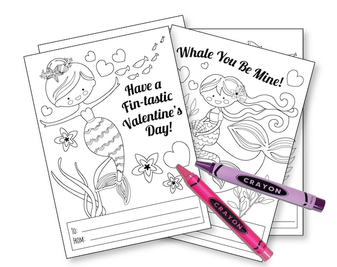 Mermaid Colouring Valentines Day Cards / printable DIY card / classroom Valentine for kids / Instant Download / Valentine Cards Mermaids