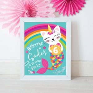 Caticorn Welcome Sign, Girl&#39;s, Cat, Mermaid, Rainbow, Unicorn, Birthday Party, Pool Party Poster, Printable, Digital Files