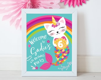 Caticorn Welcome Sign, Girl's, Cat, Mermaid, Rainbow, Unicorn, Birthday Party, Pool Party Poster, Printable, Digital Files