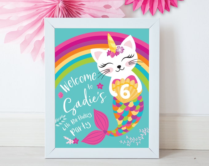 Caticorn Welcome Sign, Girl's, Cat, Mermaid, Rainbow, Unicorn, Birthday Party, Pool Party Poster, Printable, Digital Files