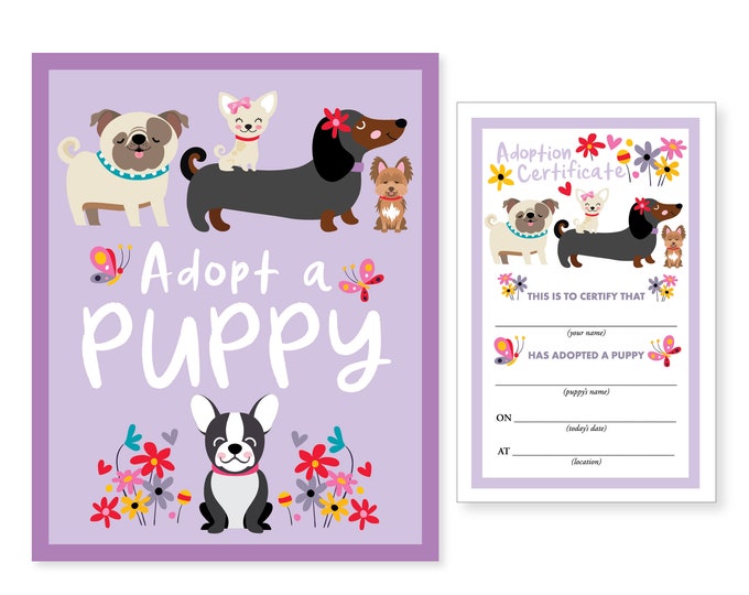 Adopt a Puppy & Certificate / Adoption Sign / Purple Dog Birthday Party / Digital Adoption Kit