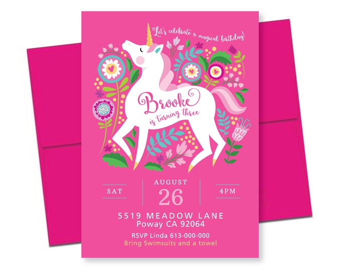 Unicorn Invitation, Girl's Unicorn Party, Floral Unicorn Invite, WE EDIT, You PRINT, Custom Text, Printable Digital File