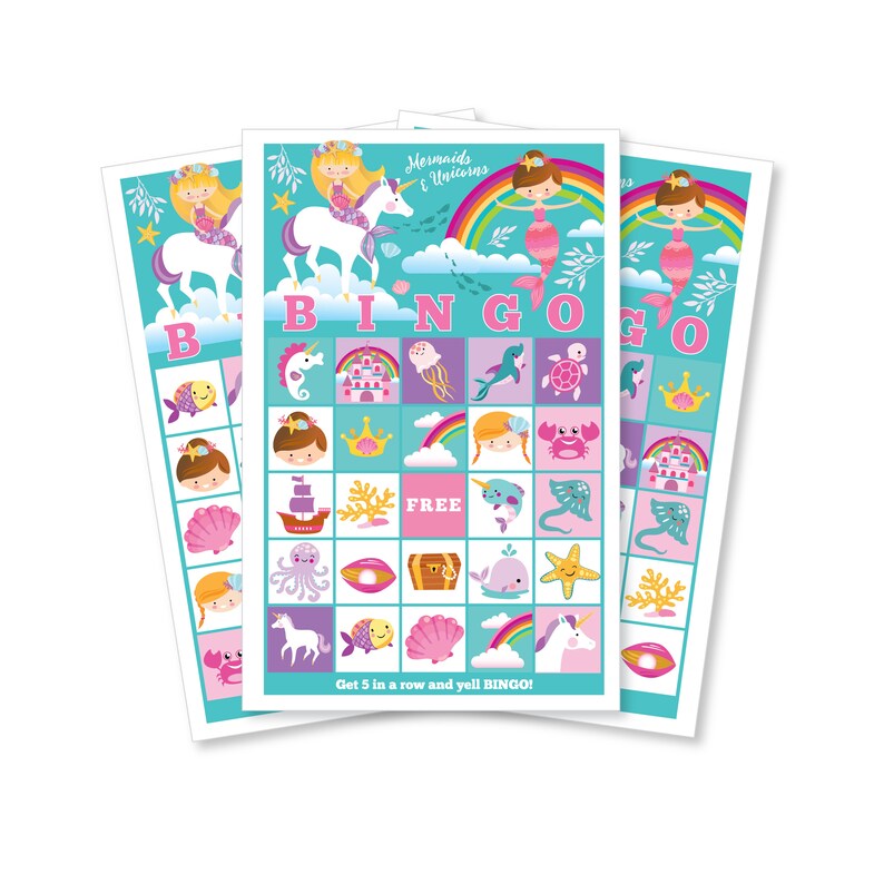 mermaid unicorn bingo game girls printable bingo game etsy