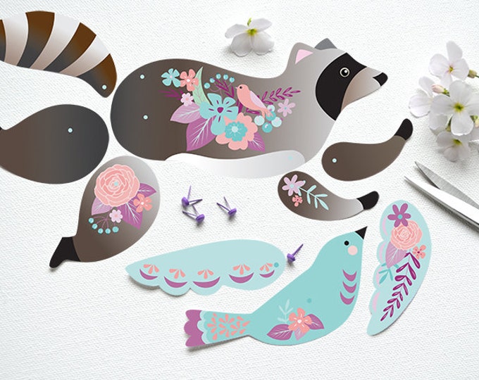 Instant DIY Download - Articulated Paper Raccoon with Bird