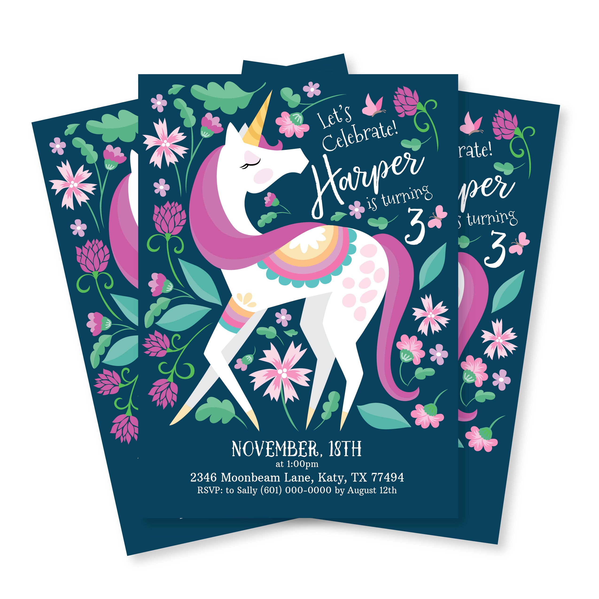 Unicorn Invitation Girl s Unicorn Party Floral Unicorn Invite WE 