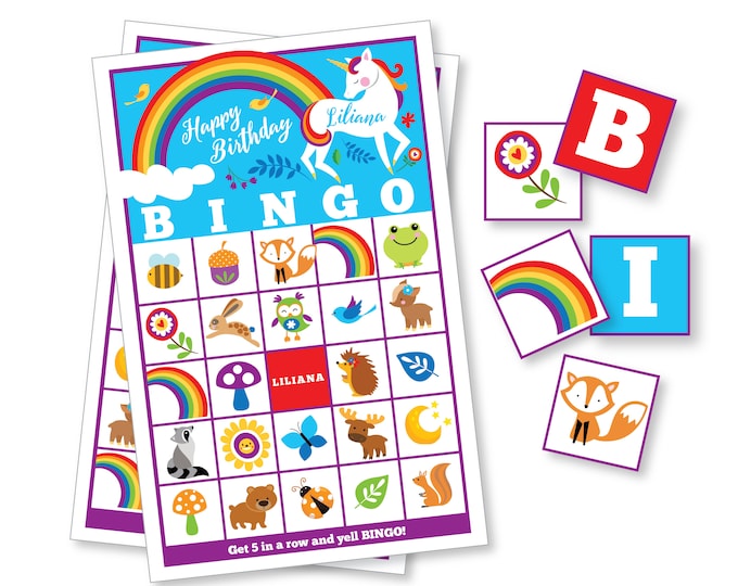 Rainbow Unicorn BINGO Game, 32 different bingo cards, Rainbow Unicorn Game, Customized, Printable, Digital Files