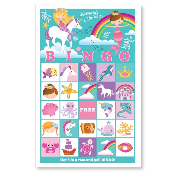 mermaid unicorn bingo game girl s printable bingo game etsy