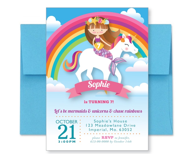 Rainbow, Mermaid, Unicorn Invitation, Girl's Invite, Mermaid Riding Unicorn WE EDIT, You PRINT, Custom Text, Printable Digital File