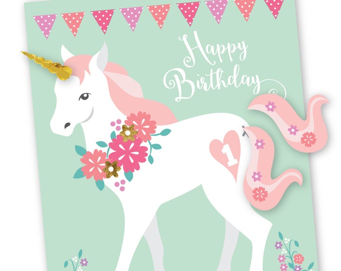 Pin the tail & horn on the Unicorn Party Dame, Mint, Pink and Gold Glitter Unicorn Girls Birthday Party Game, Printable, Digital Files