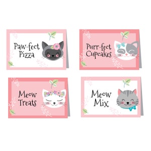 Cartes ou étiquettes de tente de chat - Cartes de lieu de bricolage imprimables personnalisées - Étiquettes de nourriture pour chat, Cartes de tente de partie de chaton - Étiquettes de nom