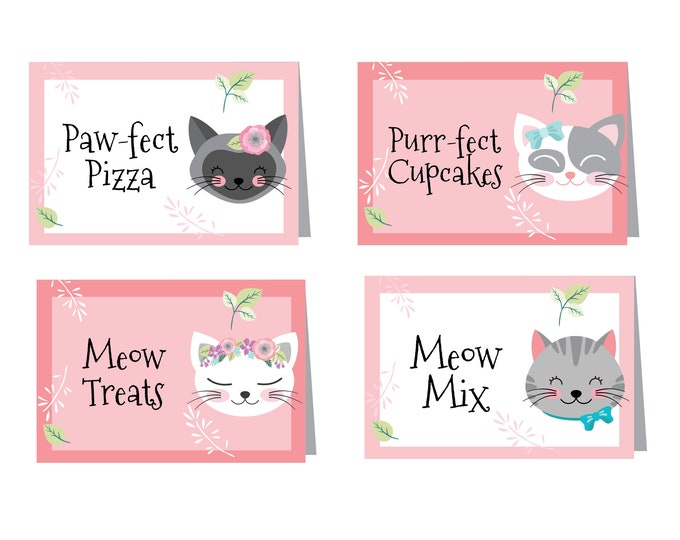 Cat Tent Cards or Labels - Customized Printable DIY Place Cards - Cat Food Tags, Kitten Party Tent Cards - Name Labels