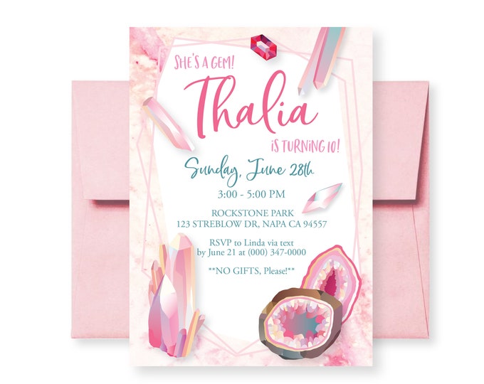 Pink Geode Birthday Invitation -She's a Gem invite,  crystal, rock theme party  - WE EDIT, You PRINT, Custom Text, Printable Digital File