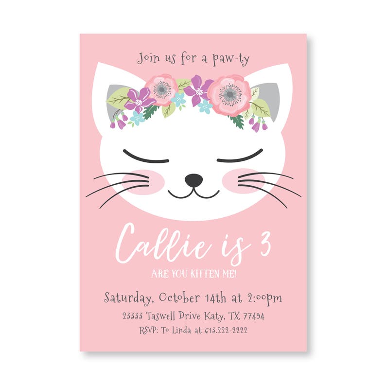 Cat Birthday Invitation, Pink Kitten Party, Are you kitten me, WE EDIT, You PRINT, Custom Text, Printable Digital File image 2