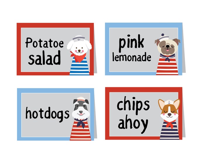 Sailor Dog Tent Cards or Labels - Printable DIY Place Cards - Dog Food Tags, Puppy Sailor, Nautical Party Tent Cards - Name Labels