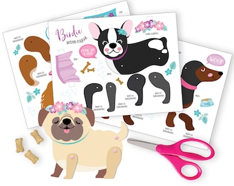 Articulated Paper Dogs - Instant DIY Download - 4 Articulated Paper Dolls - Pug, Dachshund, Corgi & Boston Terrier - Paper dolls