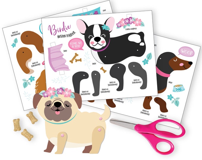 Articulated Paper Dogs - Instant DIY Download - 4 Articulated Paper Dolls - Pug, Dachshund, Corgi & Boston Terrier - Paper dolls