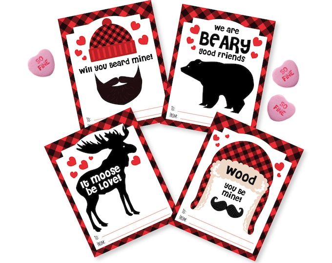 Lumberjack Valentines Day Cards, printable DIY card, classroom Valentine for kids, Instant Download Valentine Cards